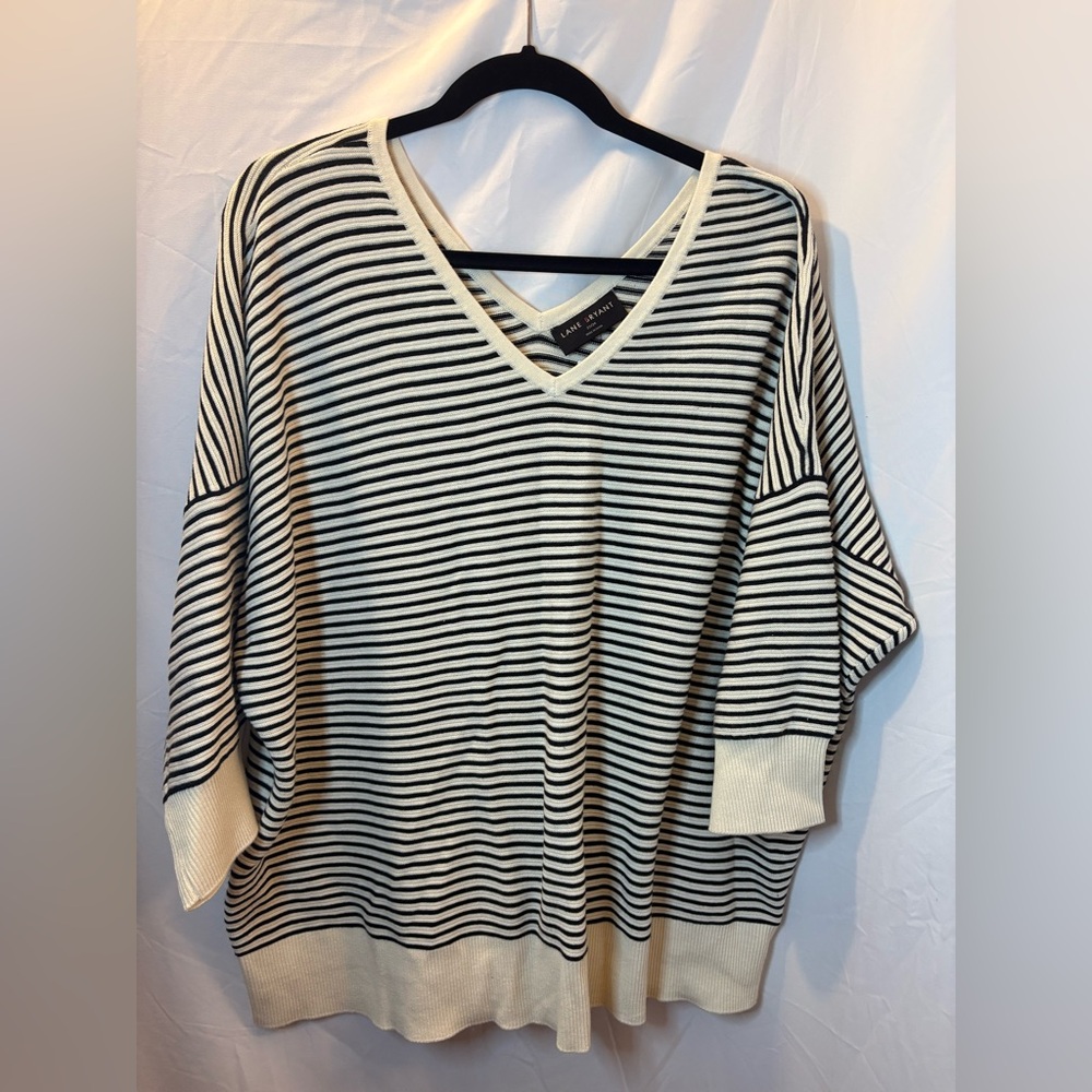 Lane Bryant Cream and Black V-Neck Striped Sweater